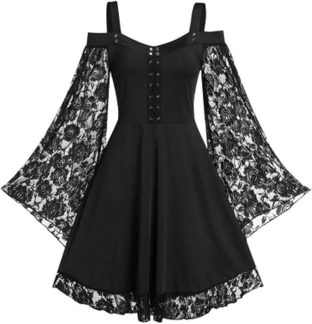 Gothic Vintage Lace Patchwork Women Dress Plus Size Goth Bandage Ladies Spaghetti Strap Dresses (Large, Black)