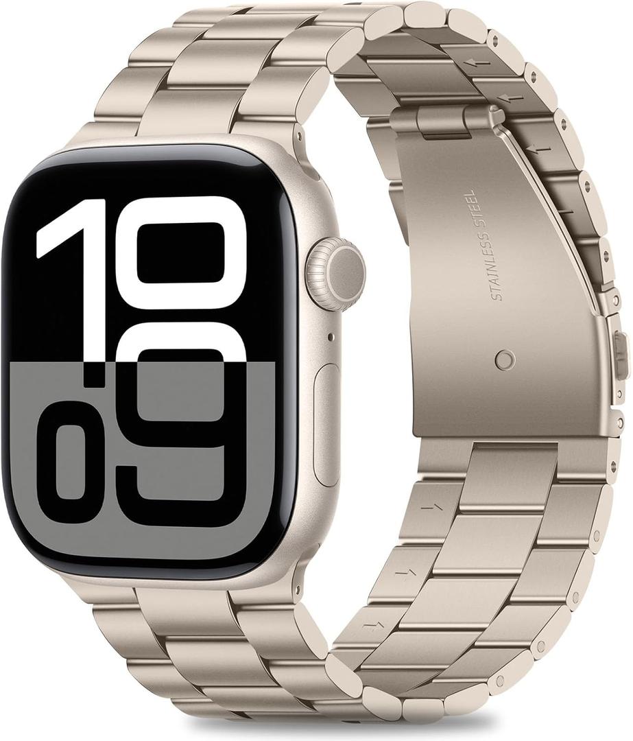 HITZEE Compatible with Apple Watch Band 46/ 45/ 44/ 42mm Business Stainless Steel Metal Strap Men Women Link Bands Compatible for iWatch SE3-1 Series 11 10 9 8 7 6 5-1, 42/ 44/ 45/ 46mm Starlight