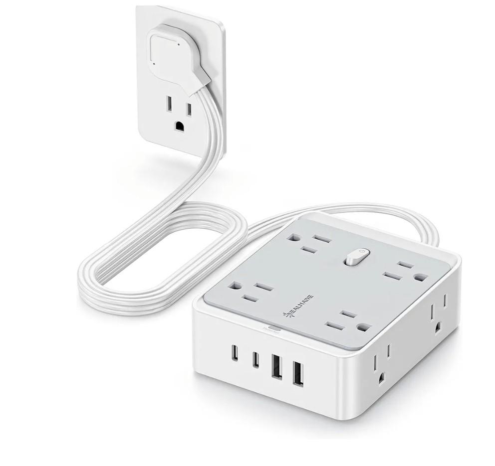 Flat Power Strip, 12-in-1 Flat Outlet Extender with 5Ft Extension Cord, Power Strip Flat Plug with 8 AC Outlets 2 USB-A and 2 USB-C, Flat Wall Extension Cord for Desktop Home Office Dorm Room