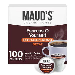 Maud's Decaf Espresso Roast Coffee Pods, 100 ct, Decaffeinated Dark Roast Coffee in Recyclable Single Serve Pods  100% Arabica Coffee, Compatible with Keurig K Cups Maker