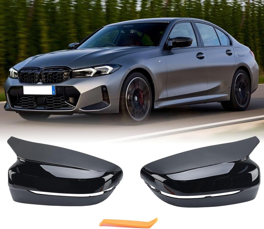 Mirror Cover Compatible with BMW 3 Series G20 G21 4 Series G23 G26 5 Series G30 G31 7 Series G11 G12 8 Series G14 G15 G16 Left & Right Horn Clip-on Glossy Black BMW Rearview Mirror Caps 2 PCS
