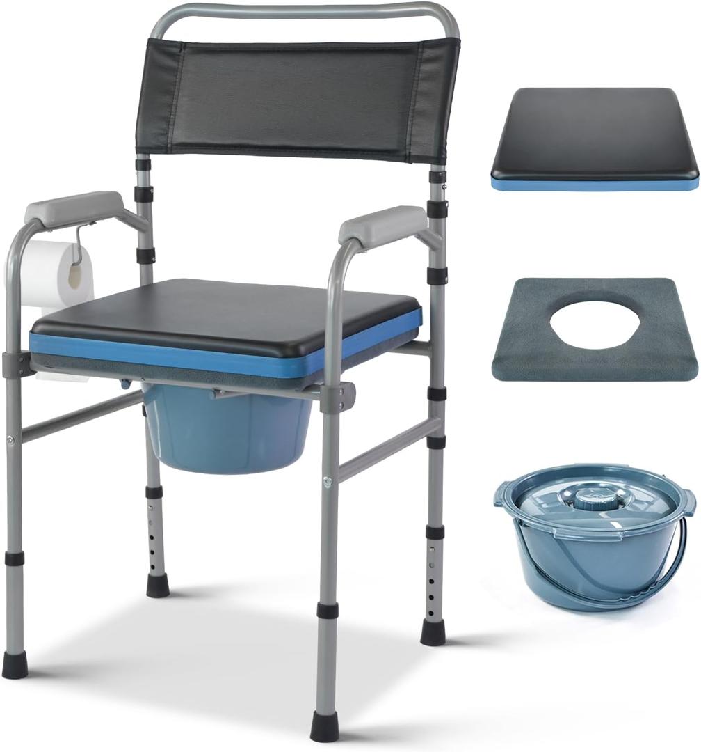 Folding Bedside Commode, Height Adjustable Toliet Chair for Seniors with Padded Seat and Arms, Portable Potty Shower Chair for Elderly Handicap Adult