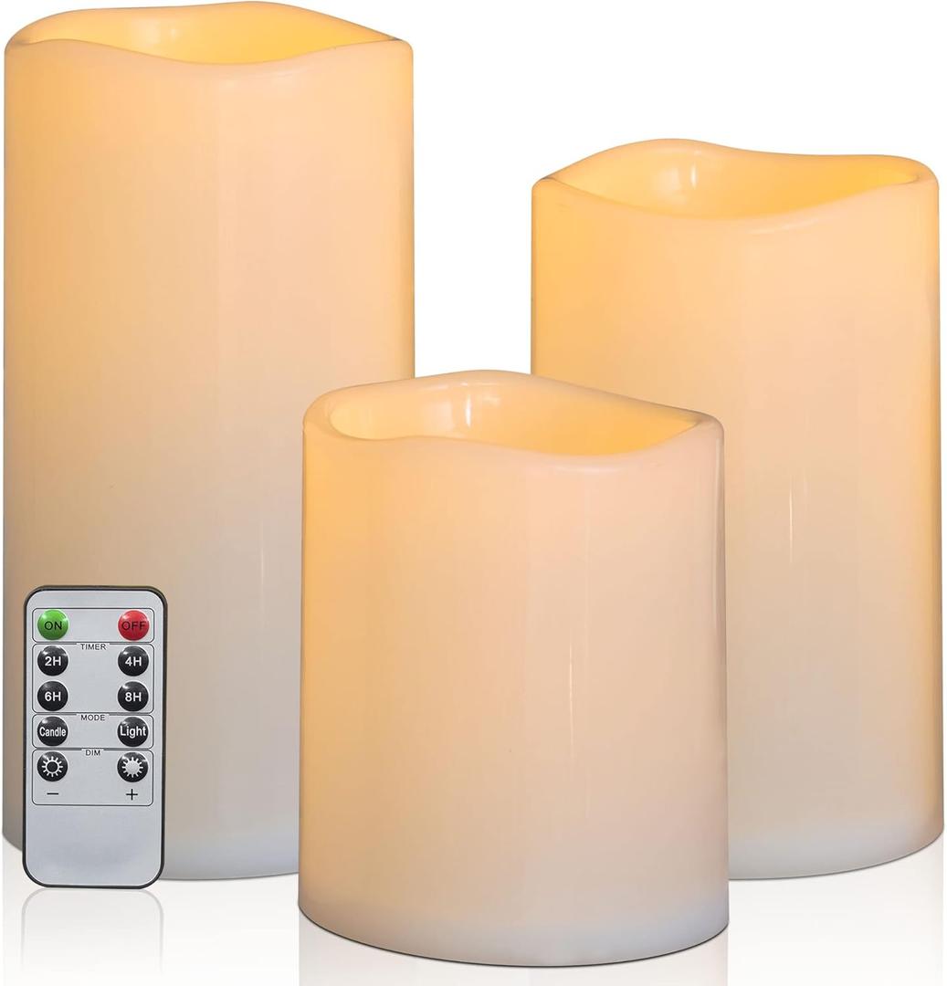 6" 8" 10" x 5" Waterproof Outdoor Flameless Candles Battery Operated LED Flickering Pillar Candles with Remote and Timer for Indoor Outdoor Lanterns, Long Lasting, Ivory White Large, Set of 3