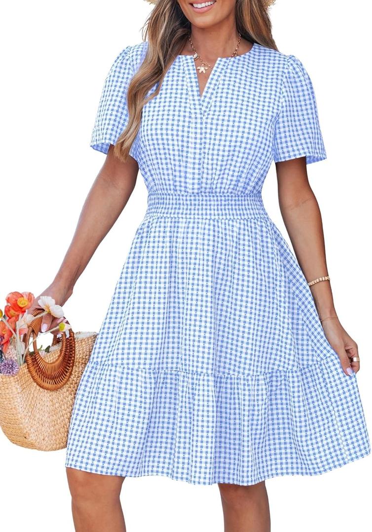 Popvil Women Summer Mini Gingham Dress 2026 A Line Casual Sun Dress Short Sleeve Beach Vacation V Neck Short Dress (Medium, Light Blue)
