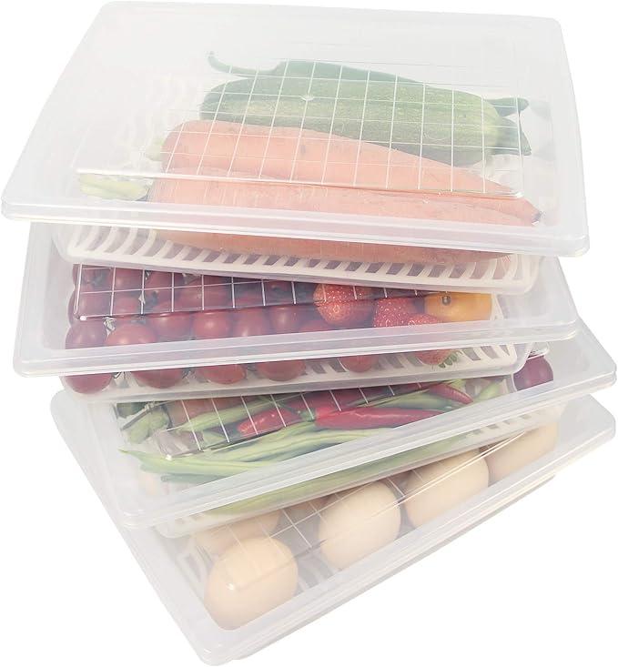 4pcs Transparent Food Storage Containers with Drain Tray and Lid Rectangular Refrigerator Organizers for Meat Kitchen Storage Moisture-reducing Design