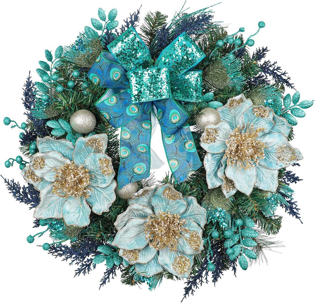 Briful 26 Teal & Green Front Door Wreath, Luxury Coastal Floral Wreath with Gold Accents, Modern Year Round Porch & Entryway Decor