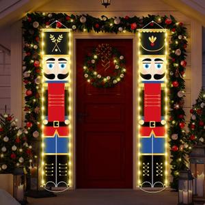 Lounsweer Nutcracker Christmas Decorations Nutcrackers Banners Porch with LED String Lights Xmas Decor Tall Soldier Model Outdoor Banners for Door Yard Holiday(White,Red)