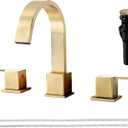 Brushed Gold Bathroom Faucet 3 Hole, VAPSINT 8 Inch Widespread Waterfall 3 Piece Bathroom Sink Faucet, 2 Handle 360 Swivel Spout Vanity Faucets with Pop Up Drain & Supply Hoses, VAP-BY002