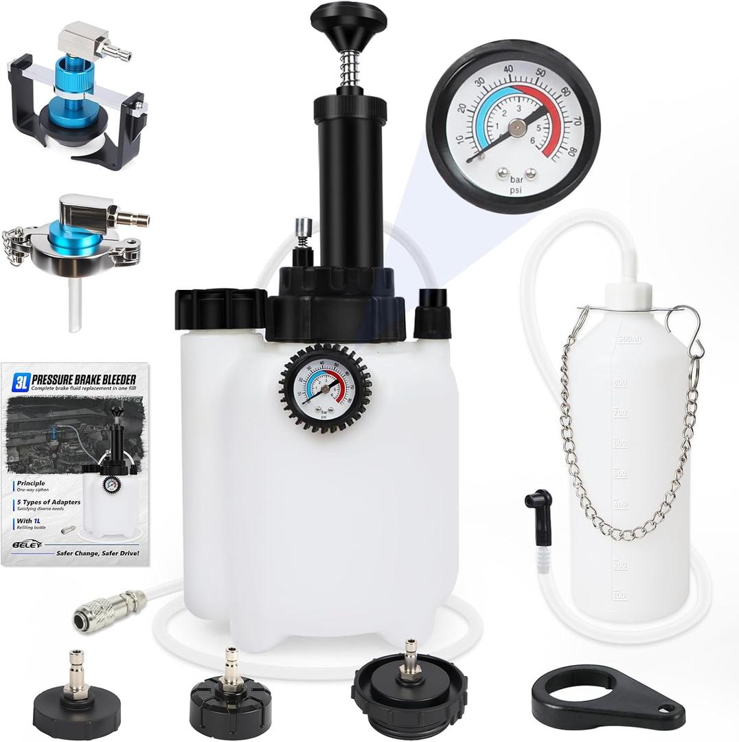 BELEY 3L Manual Brake Bleeder Fluid Pump, One Man Professional Brake Bleeder Kit with 4 Master Cylinder Adapters & 1L Brake Bleeder Bottle Suitable for Most Vehicles