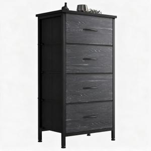 DUMOS Nightstand with 4 Drawers Bedside Table with Removable Fabric Bins Sturdy Steel Frame Wood Top Organizer Furniture for Bedroom Closet Living Room,Black Wood Grain, 11.8"D x 17.7"W x 37.4"H
