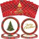 72 Pcs Christmas Plates Disposable Party Set Red Black Plaid Christmas Tree Holiday Paper Plates and Napkins for Chirstmas Party Table Decorations