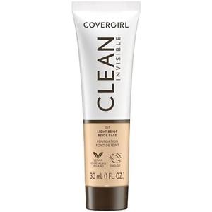 COVERGIRL Clean Invisible Foundation Makeup, Dewy & Glowy Natural Finish, Buildable Coverage, Skin-Like Smooth Look, Vegan, Light Beige, 1oz