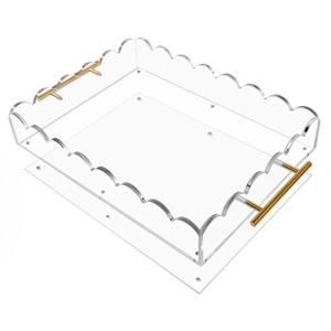 Acrylic Scalloped Tray 16'' X 12'' Clear Acrylic Serving Tray with Magnetic Mat and Golden Handles for Customizable Picture, Art, Decorative Storage Organizer