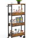 4 Tier Slim Rolling Storage Cart Narrow Space Utility Cart with Handle Metal Frame with Wood Top Table Sturdy Cart Organizers and Storage for Kitchen Bathroom Laundry Office, 5.1 Inches Deep Black