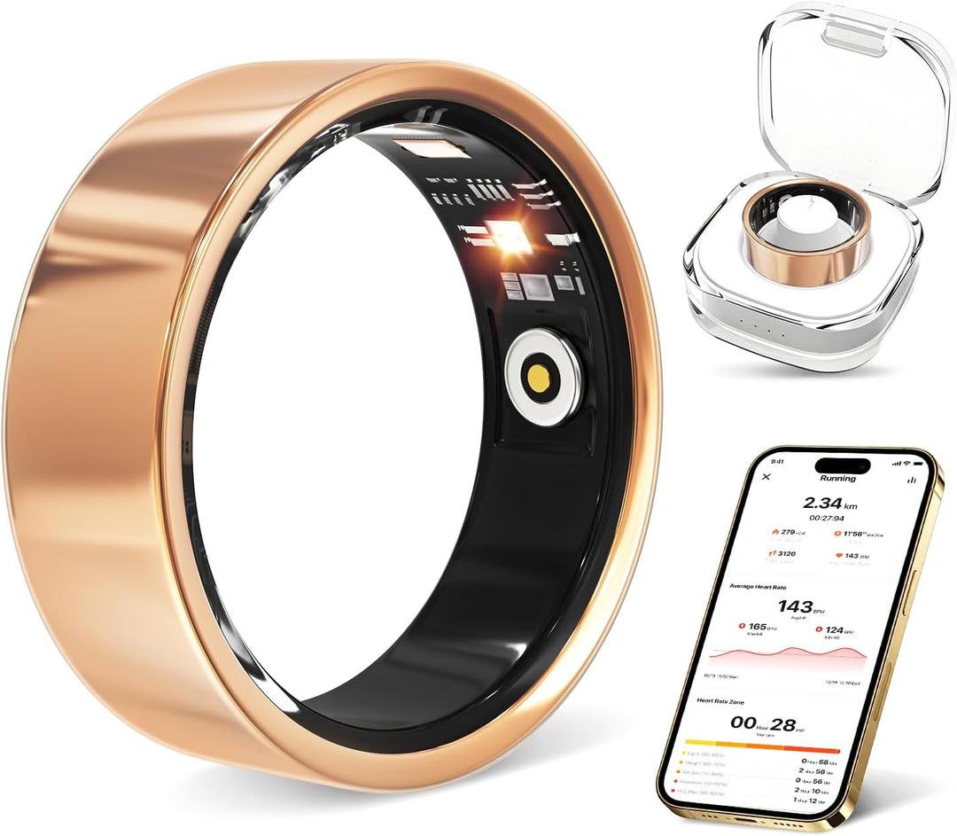 Smart Ring with Heart Rate, Blood Oxygen, Sleep Tracker, Step Tracker, IP68 Waterproof Fitness Tracker Fitness Ring for Women Men, Compatible with iOS & Android (Gold, 10#)