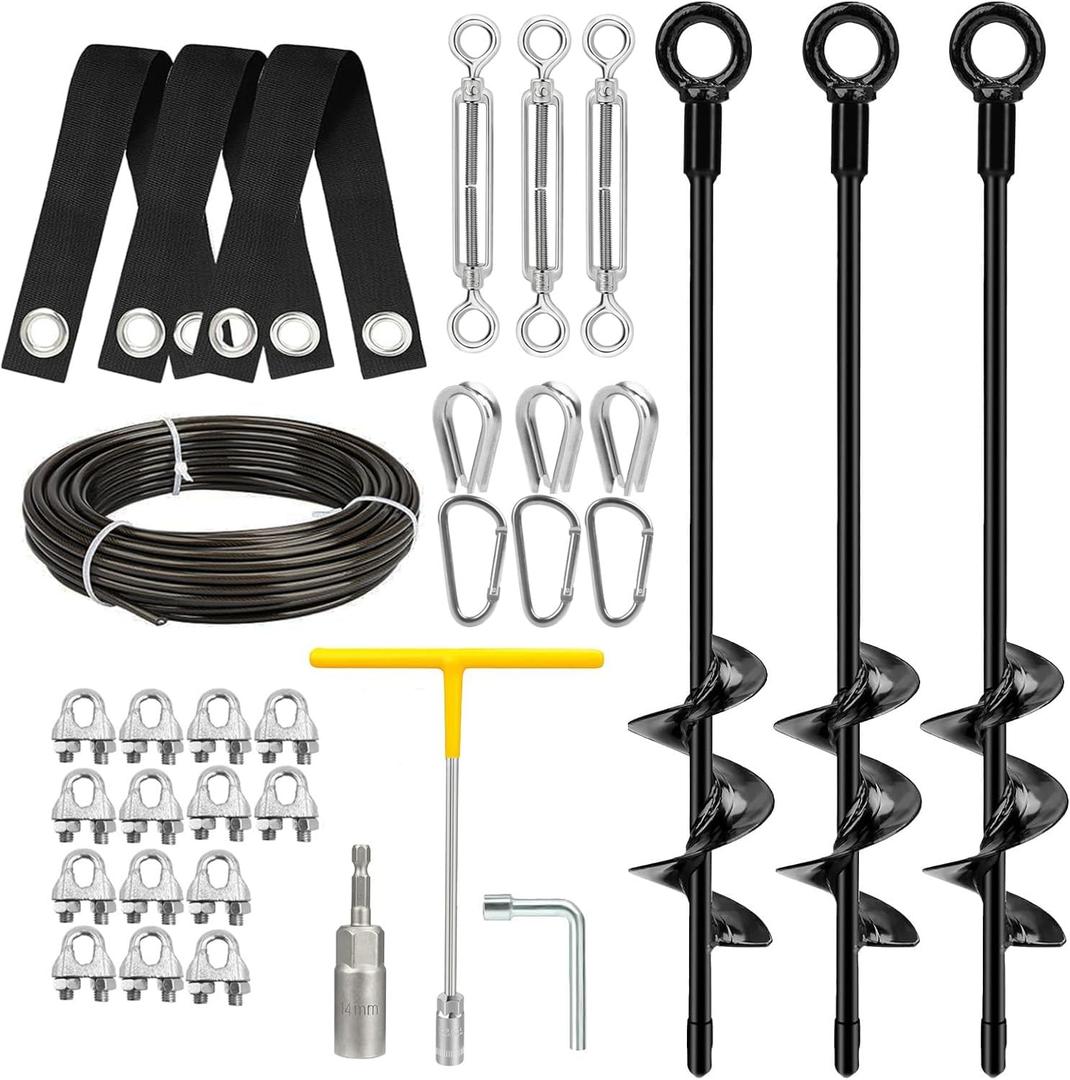 3 Pack Heavy Duty Tree Support Stakes Kit for Leaning Trees, 18" Spiral Ground Anchors with Straps & Turnbuckles & PVC Coated Wire Rope, Rust-Proof Steel Tree Stakes for Straightening and Stabilizing