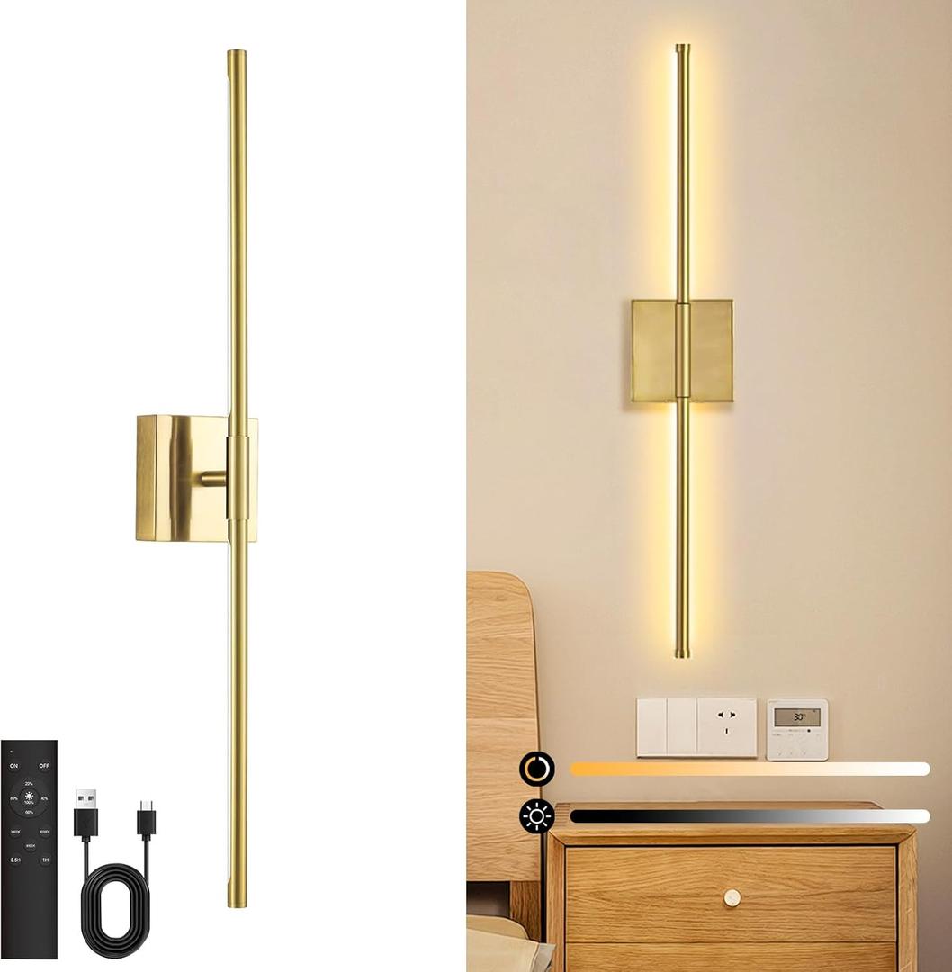 Wall Sconces Battery Operated, Wall Sconces 3000K-6000K Dimmable Rechargeable Wall Sconce with Remote Control, 350Rotate LED Wireless Wall Lights for Living Room, Hallway, Bedroom (Gold)