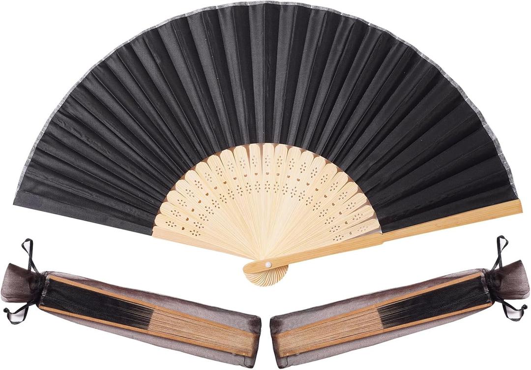 50pcs Black Imitated Silk Fabric Bamboo Folded Hand Fan Bridal Dancing Props Church Wedding Party Favors with Organza Bags