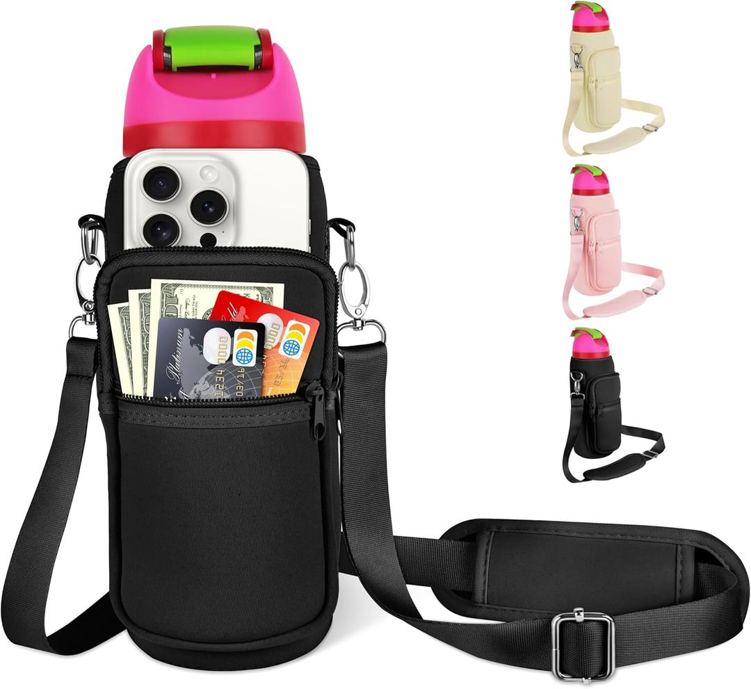 Neoprene Water Bottle Carrier Bag Holder with Phone Pocket Compatible with Owala FreeSip 24/32/40 OZ, Tumbler Cup Accessories with Adjustable Strap for Phone Card Keys (32 Ounces, Black)