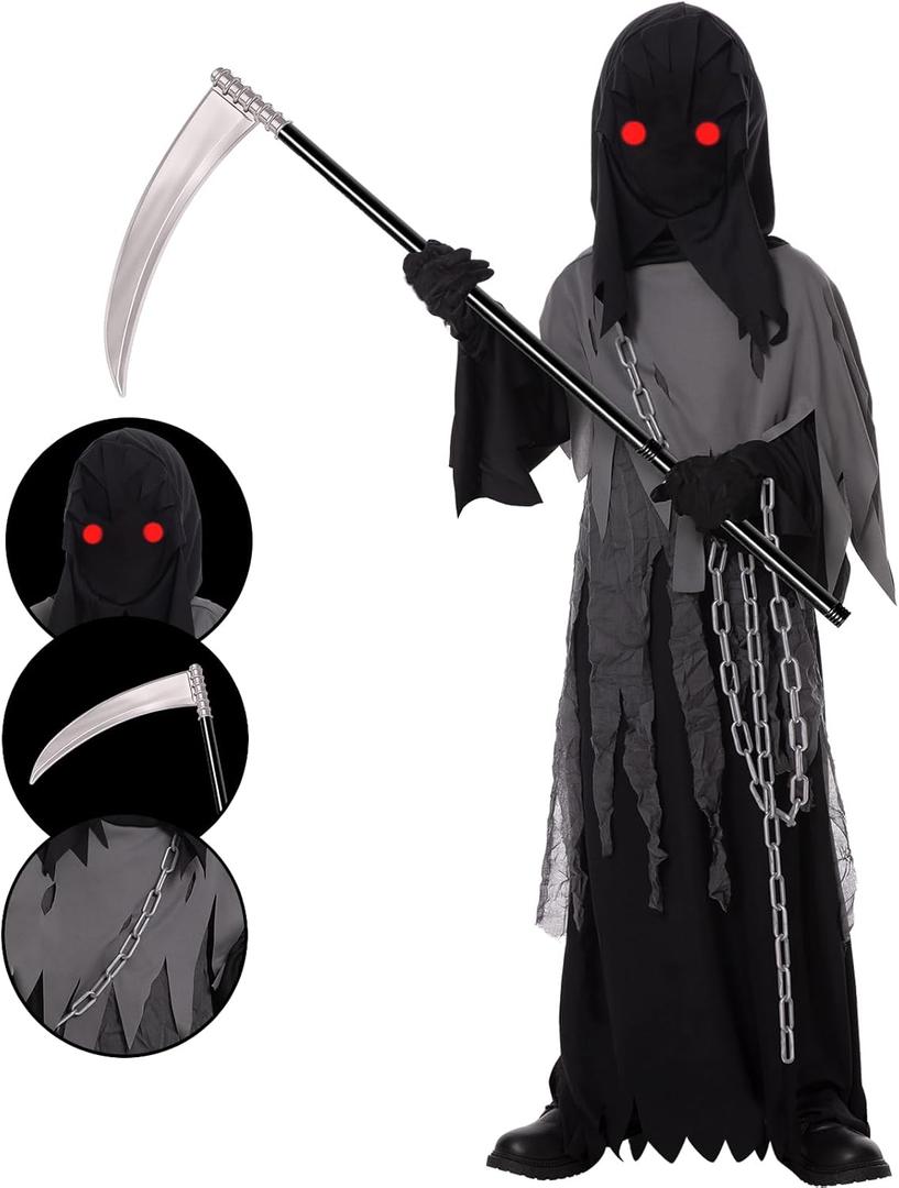 Grim Reaper Costume for Kids,Phantom Halloween Costume with Red Glowing Eyes,Skull Gloves Scythe included