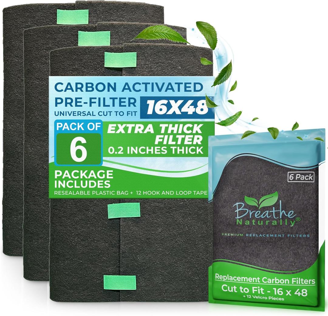 Breathe Naturally Universal Cut To Fit Carbon Activated Air Filter - Replacement Charcoal Filters - Pre Filter Carbon Sheet for Air Purifier, Vent Filters & More - Made in USA (Pack of 6, 16x48) (6 Pack)