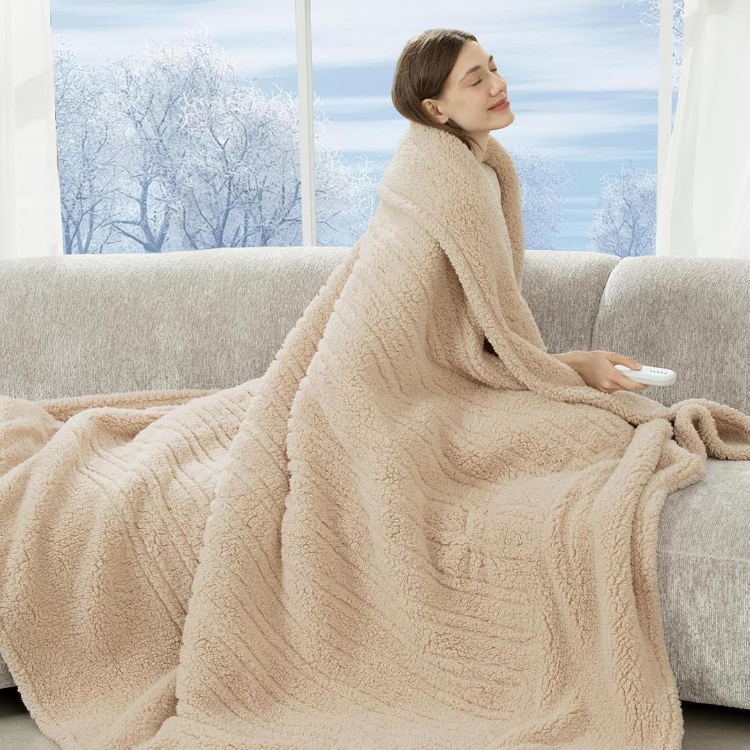 Electric Blanket Twin 62"X84"- Soft Double Sided Sherpa Heated Blanket Twin with 5 Heatings Levels & 10 hrs Auto Shut Off, Fast Heating & ETL Certified, Gift for Women(Beige)