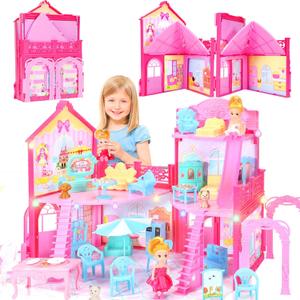 Foldable Dollhouse 2025, Dream 3-Story Princess Doll House Playset with Furniture Slide, Pink Toddler Toy House for 3 4 5 6 7 8 9 10 Year Old Girls