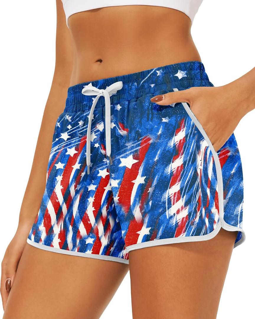 USA Short Women American Flag Shorts Fourth of July Summer Board Shorts 4th of July Outfits (Medium, Blue)