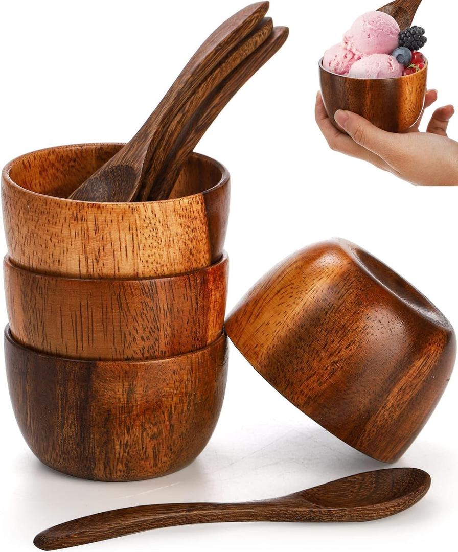 Lyellfe Set of 4 Acacia Wooden Bowl, 4 Oz Small Dipping Sauce Bowl with Spoon, 3 Inch Charcuterie Dish, Soup Water Cup for Condiments, Jam, Nuts, Appetizer, Snack, Yogurt