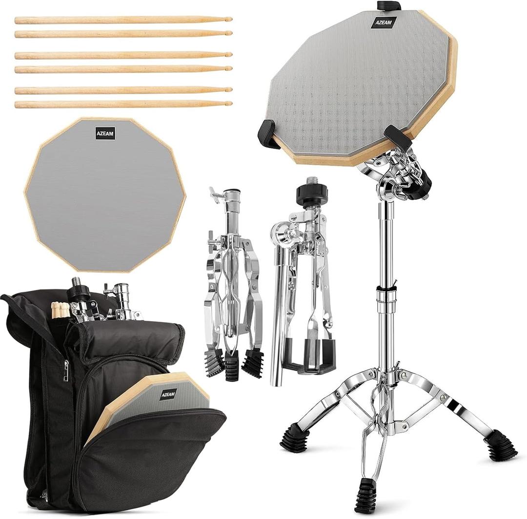 AZEAM Drum Practice Set - 12" Grey Double Sided Silent Drum Pad Kit with Snare Stand, Adjustable Sticks, and Beginner's Portable Practice Backpack