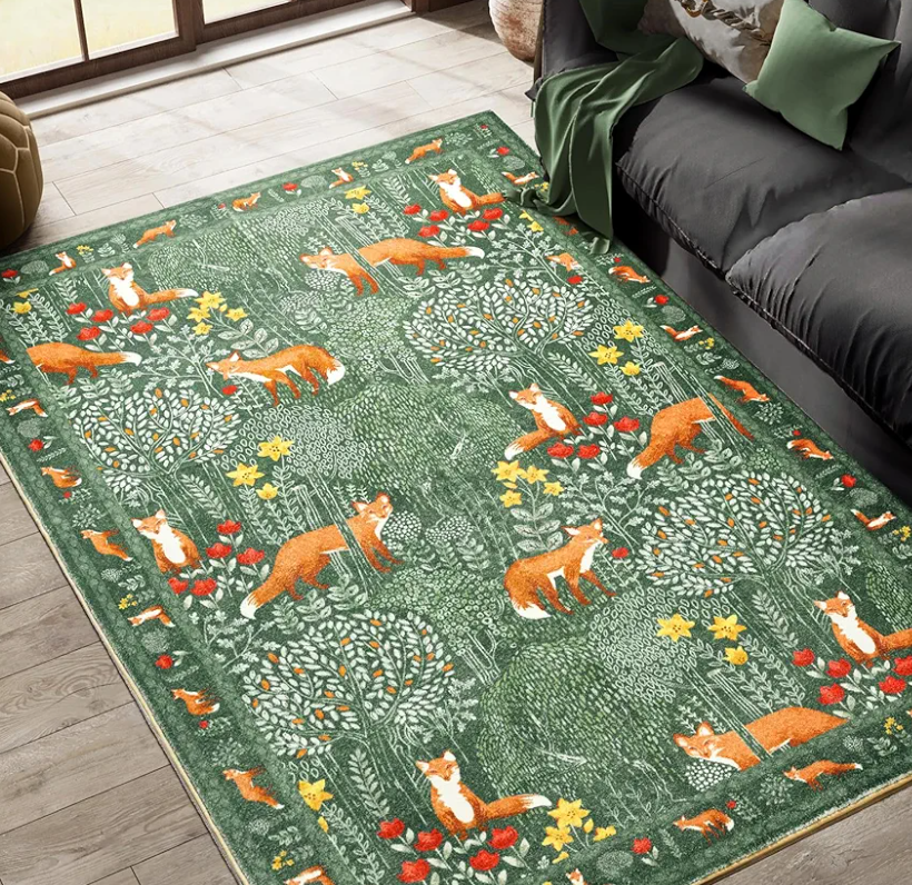 Cute Aesthetic Bedroom Rug, Ultra Thin Vintage Abstract 8x10 Carpet Washable, Boho Floral Botanical Area Rug for Living Room Entryway Kitchen Dorm, Green Woodland Forest Nature Kids Rug Nursery Carpet
