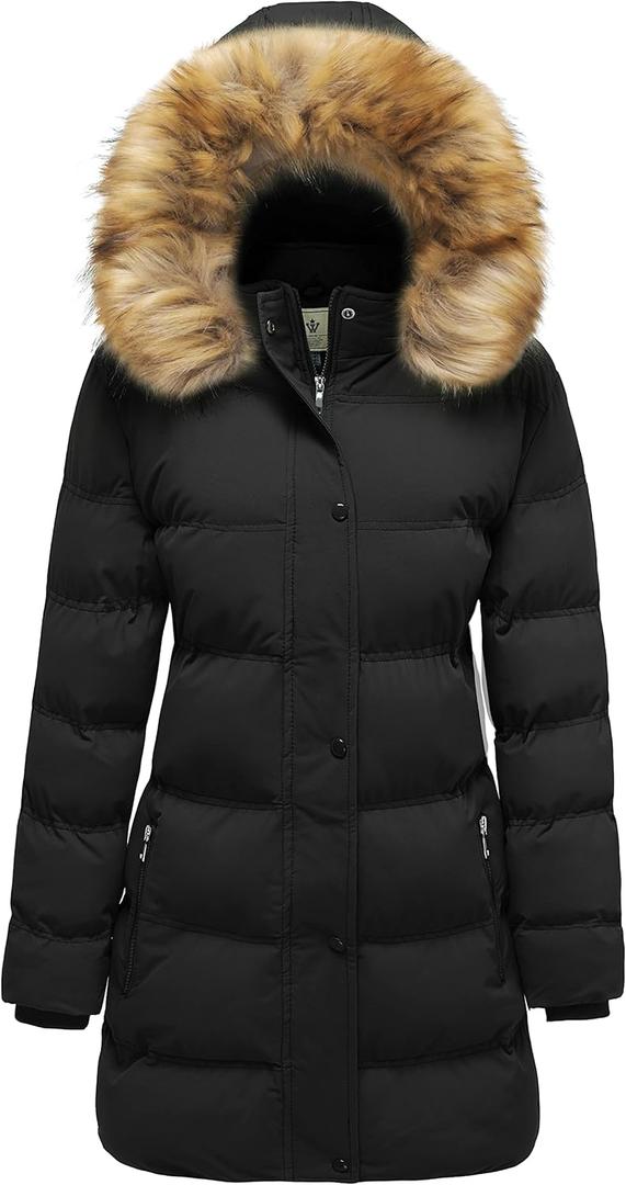 WenVen Women's Winter Long Puffer Coat Parka Jacket with Faux Fur Removable Hood (Black)
