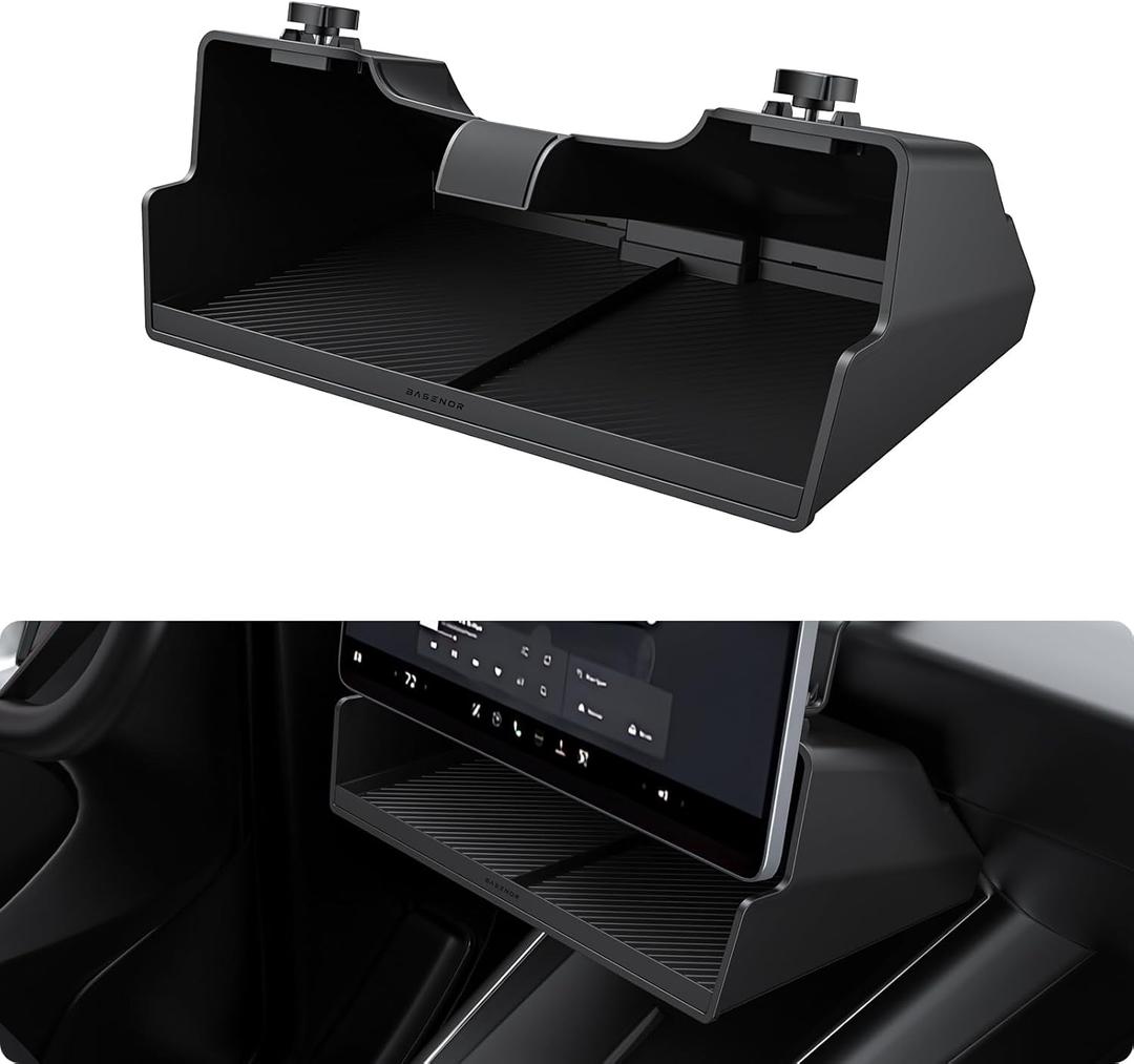 BASENOR 2026 Tesla Model Y Model 3 Under Screen Storage Box [100% Secure] Center Console Organizer Tray for Model Y Juniper 2025 2026 Model 3 Highland 2024 2025 2026 (Standard, Premium & Performance)
