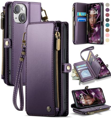 Defencase Compatible with iPhone 14 Case Wallet with RFID Blocking Card Holder for Women and Men, Fashion PU Leather Magnetic Snap Flip Zipper Strap Wallet Phone Case Fit for iPhone 14 6.1", Purple