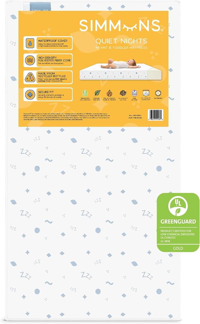 Simmons Kids Quiet Nights Dual Sided Baby Crib Mattress & Toddler Mattress - Sustainably Sourced Core - Waterproof - Hypoallergenic - GREENGUARD Gold Certified (Natural) - Ideal Firmness - Made in USA, 1 Count
