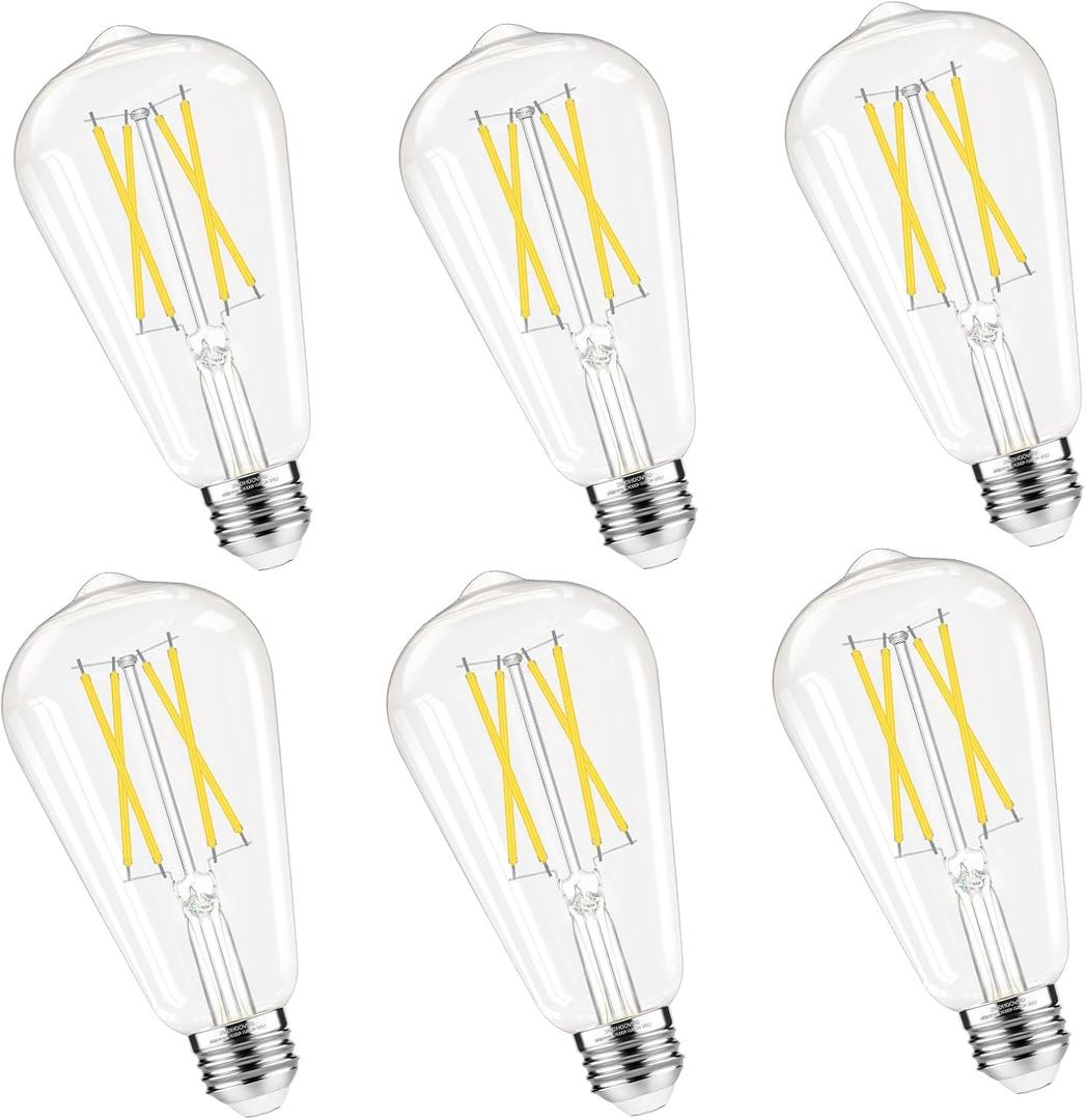 Dimmable Edison Bulbs, 4000K Daylight White, 6W Equivalent to 60 watt E26 LED Bulb, ST58 Vintage Light Bulbs, 600LM, 90+ CRI, E26 Base, Clear Glass, 6 Pack