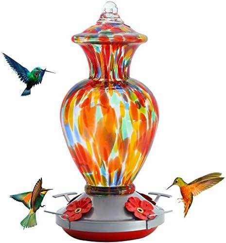 Birdkiss Hummingbird Feeder, Hand Blown Glass Hummingbird Feeders for Outdoors, Never Fade, 28 Fluid Ounces, 4 Feeding Metal Stations, Garden Backyard Decorative, Present for mom(Rainbow)
