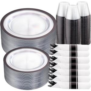 I00000 210 Pcs Clear and Black Plastic Plates, Disposable Dinnerware Set, Include 30 Dinner 30 Dessert Plates,30 Plastic Cups 9 OZ,30 Pre Rolled Napkins with Cutlery for Birthday, Wedding & Party