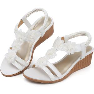 SHIBEVER Womens Sandals Wedge Flower: Open Toe Elastic Ankle Strap Wedge Sandal - Dressy Sandals Women - Comfortable Summer Bohemia (8.5, 2626-white)