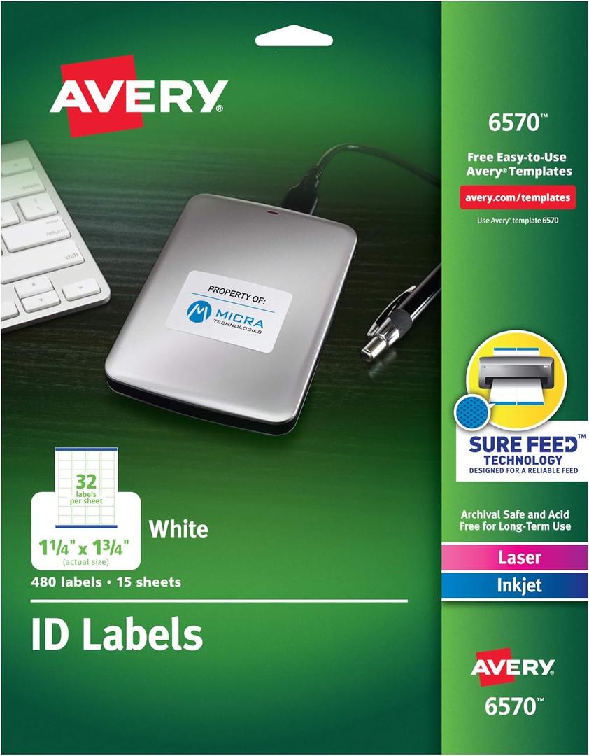 Avery ID Labels, Sure Feed Technology, Permanent Adhesive, 1.25" x 1.75", 480 Labels (6570)
