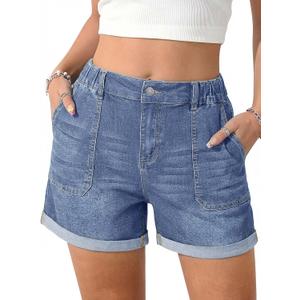 2 x PINKMSTYLE Womens Denim Shorts Elastic High Waist Stretchy Casual Summer Mom Jean Shorts (Blue, L)