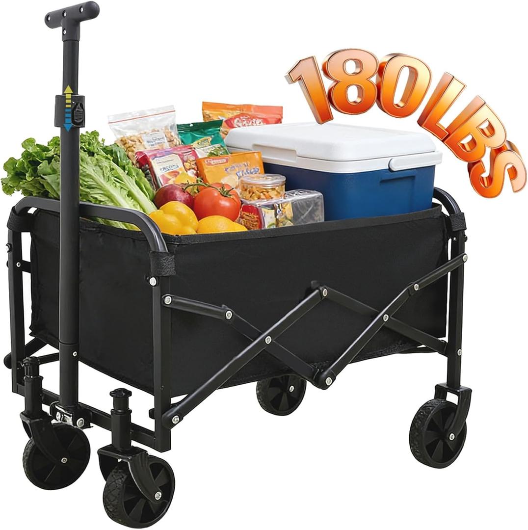 Collapsible Wagon Cart, 360 Swivel Wheels, Lightweight Compact Design, Portable Folding Cart for Grocery Shopping, Supermarket Trips & Home Storage, for Seniors (Black)