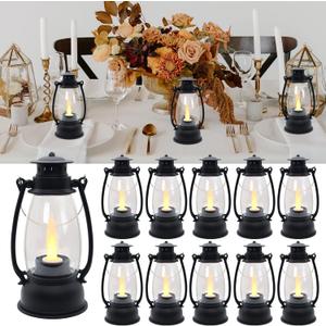 LLQ Mini Decorative Lanterns - 12pcs with Flicker Candles, Hanging Lanterns for Home & Wedding Decor, Table Centerpiece, Battery Included, Black