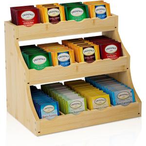 Bamboo Tea Bag Organizer, 3-Tier Tea Bag Holder Stores Over 240 Tea Bags, Tea Station for Coffee Capsules, Creamer, Sweetener, Sugar - Removable Divider (Self-assembly)