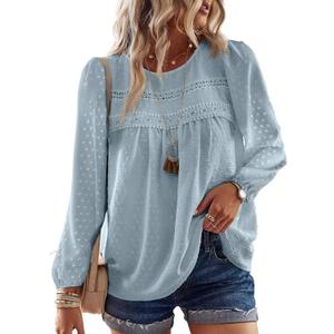 Falechay Boho Tops for Women Long Sleeve Shirts Crewneck Flowy Womens Blouses Dressy Casual Lace Hem Clothing Trendy 2026 XL