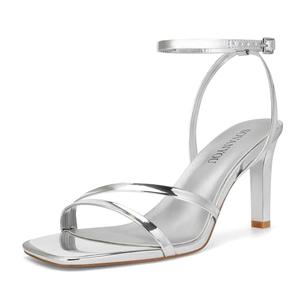 SOVANYOU Silver Heels for Women Dressy Silver Strappy Heels Stiletto Heeled Sandals Square Open Toe High Heels Sexy Metallic Heels Dress Shoes for Wedding Size 6.5