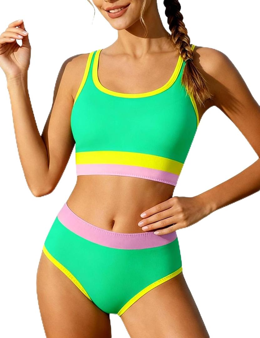 Kiuvinu Girls Bathing Suits Size 14-16 Swimsuits for Teen Girls Color-Block Adjustable Strap High Waist Two Piece Light Green Girl Swimwear