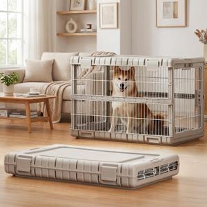 ZOMISIA Collapsible Dog Crate for Large Dogs - 36" L Heavy Duty Dog Kennel No Tools Required with 4 Sides Steel Foldable Cage for Dogs Indoor Furniture, Portable Carrier with 2 Smooth Wheels, Beige, 36.42 x 24.2 x 26 in