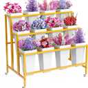 Asee'm Flower Display Stand with 12 Buckets, 3 Layer Metal Flower Bar Stand with Wheels Heavy Duty Moving Flowers Cart Display Bloom Bar for Florist Indoor Outdoor Patio Garden Wedding Dector Gold