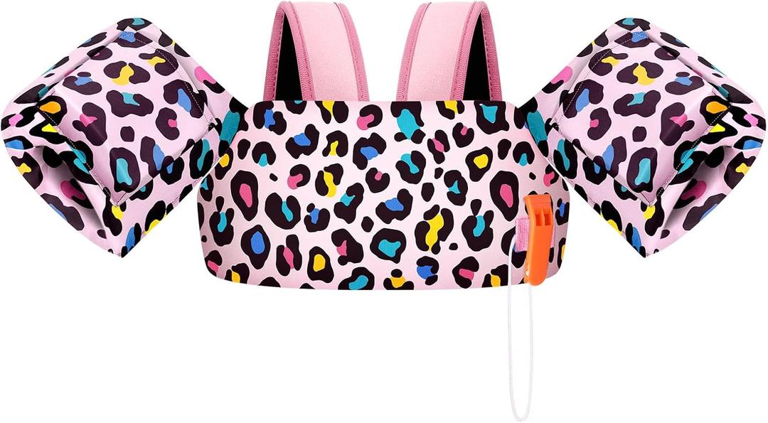 HeySplash Toddler Swim Vest, Toddler Floaties Fit 22-55 Lbs, Kids Swimming Jacket with Adjustable Strap, Arm Floaties Water Wing Children Learn to Swim, Puddle Sea Beach Jumper, Pink Colorful Leopard